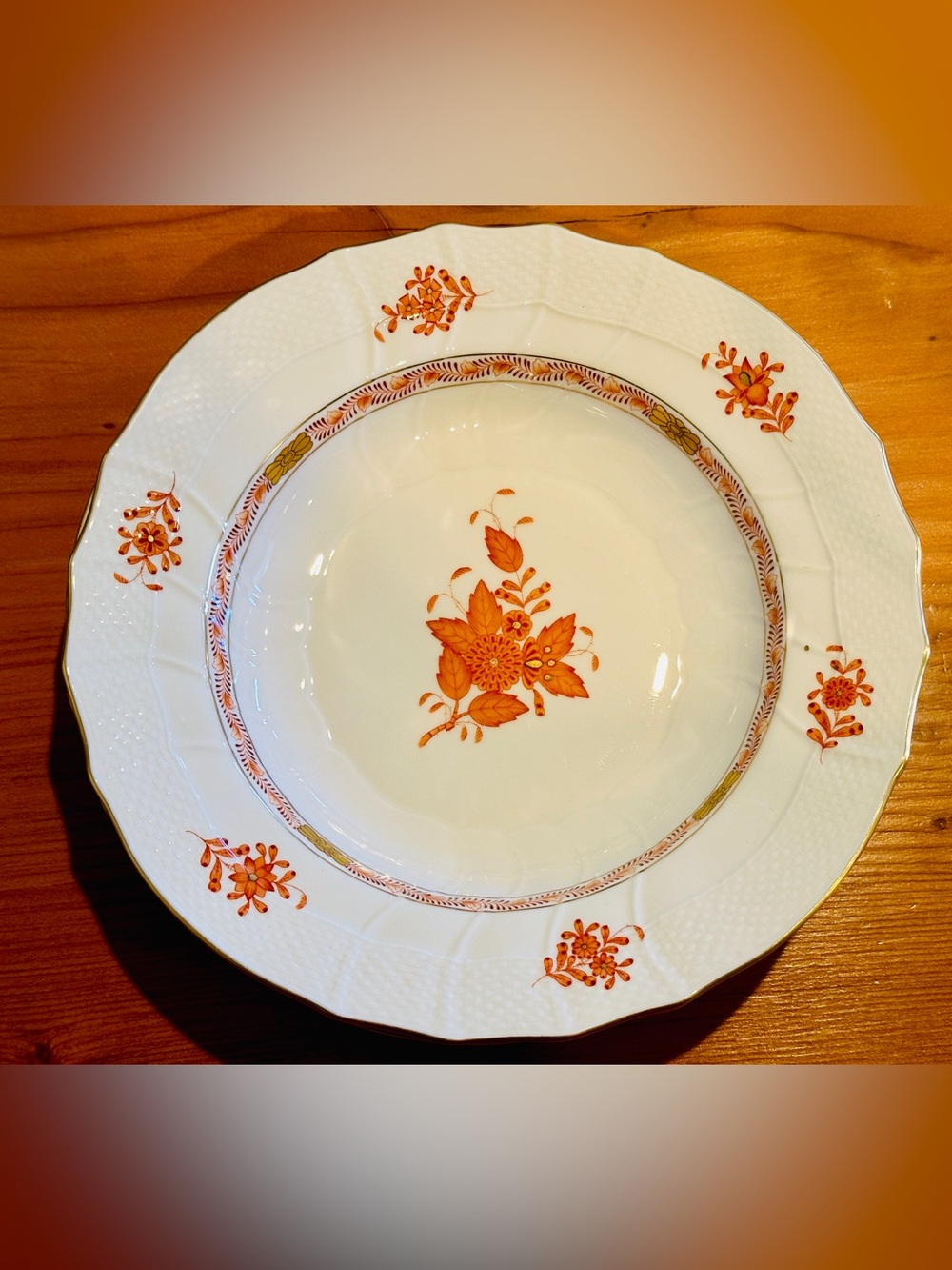 Herend Hungary Apponyi Orange Chinese Bouquet 9.5" Rim Soup Bowls 1501/AOG Mint